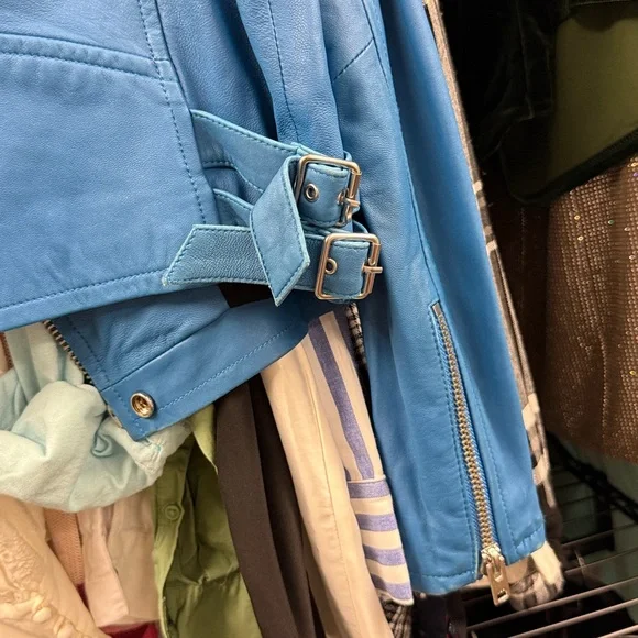 Iro Blue Leather Biker moto motorcycle Jacket Ashville - Picture 4 of 5